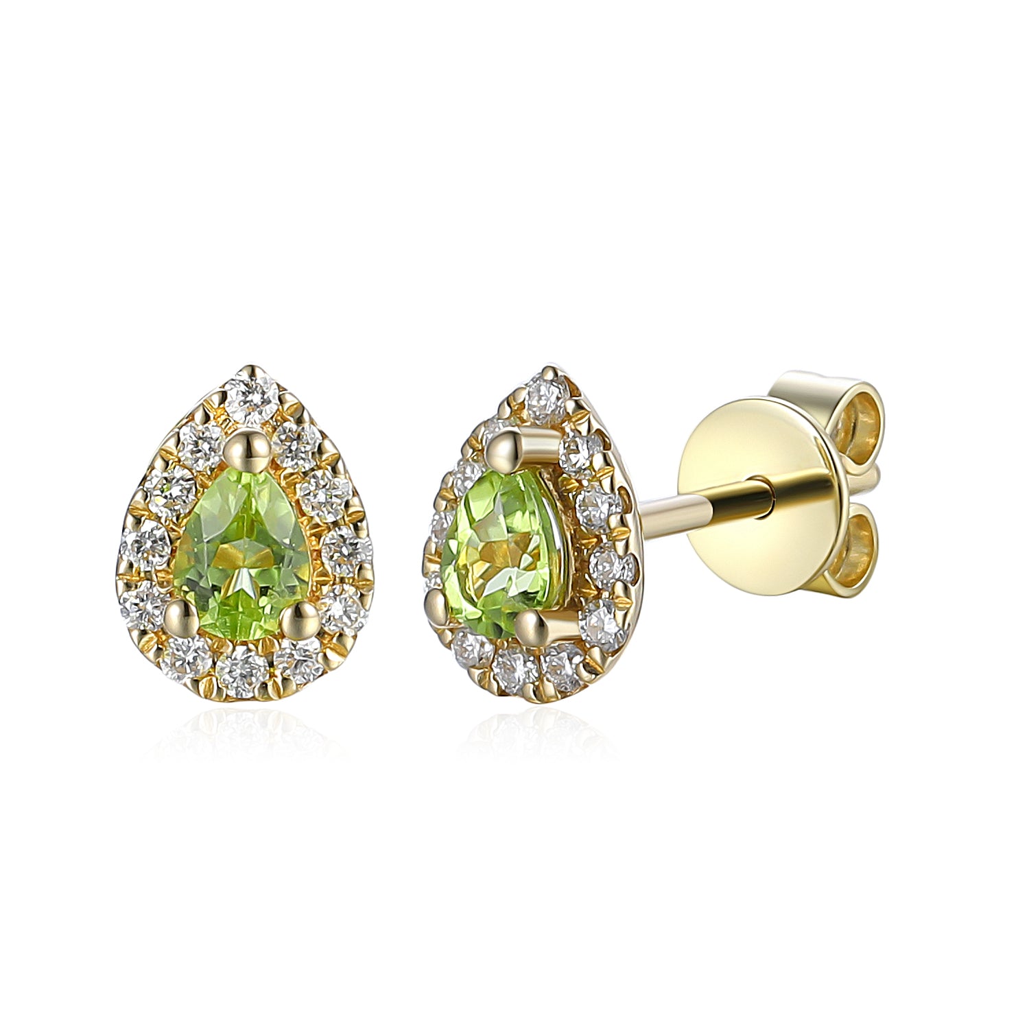 August Birthstone Pear Shape Peridot and Diamond Cluster Gold Studs